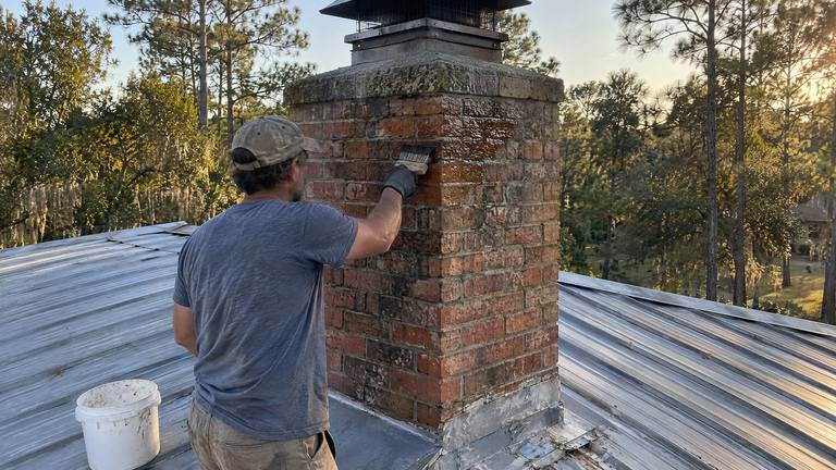 A worker brushes clear water repellent onto the side of an orange-red brick chimney on a metal roof.