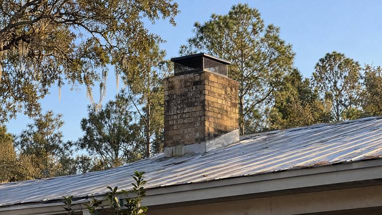 A brick chimney with a black cap rises from a galvanized metal roof under pines and a live oak.