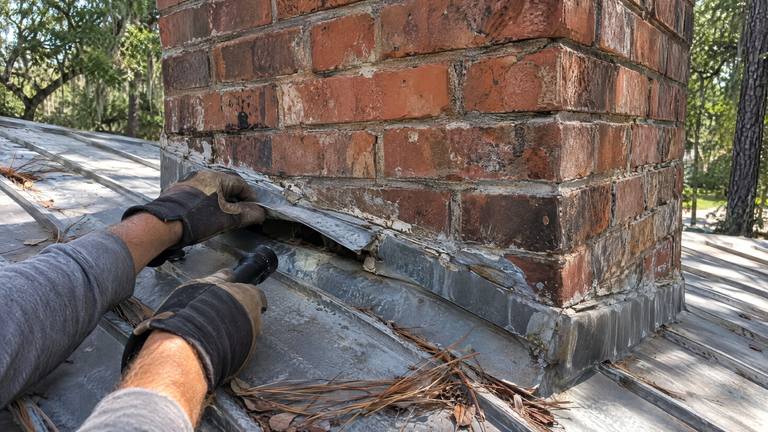 A gloved hand lifts the edge of old flashing at the base of a brick chimney on a metal roof during a check.