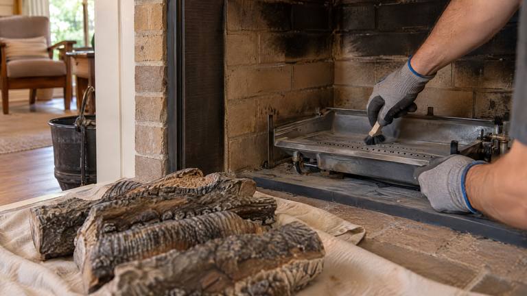 Gloved hands clean a gas fireplace burner with a soft brush, the ceramic logs laid out on a drop cloth.