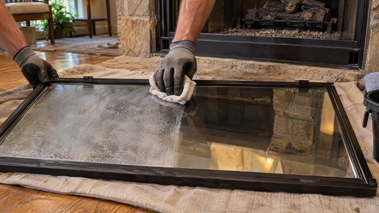 A gas fireplace glass panel on a drop cloth, half wiped clear and half still clouded with white haze.