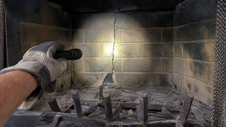 A flashlight lights a long crack down the back refractory panel of a factory-built fireplace.