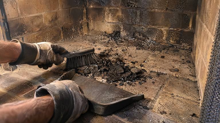 Black flakes and chunks of creosote lie on a firebox floor under a brush after a flue cleaning.