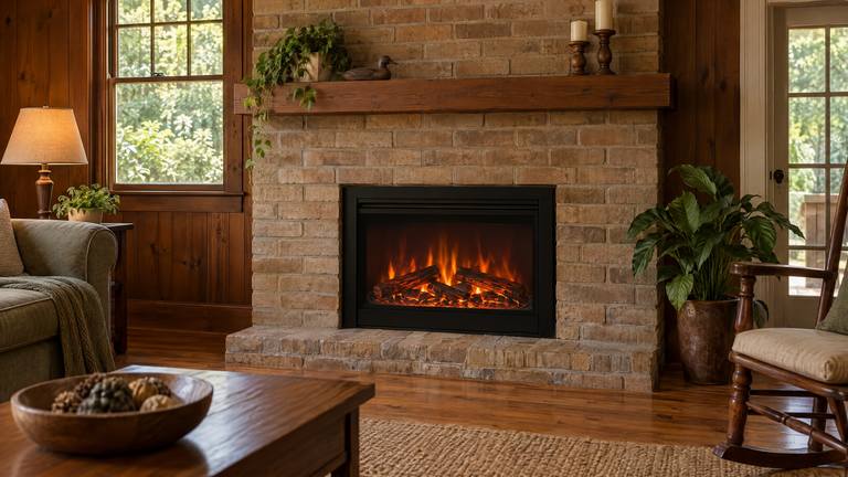 An electric fireplace insert with a glowing flame effect fitted into an old tan brick fireplace.