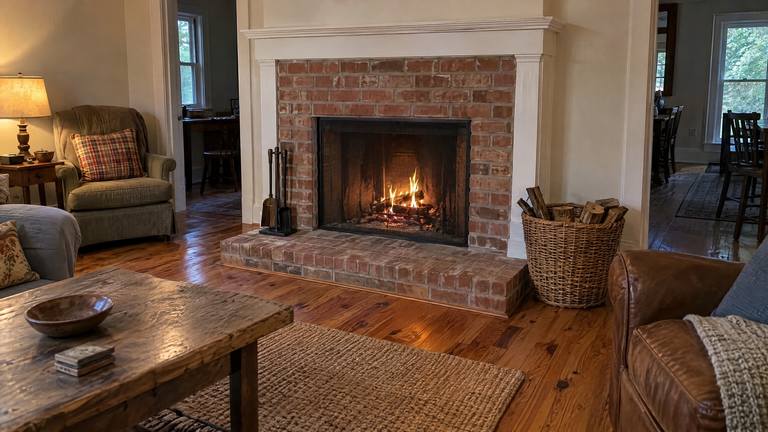 A small fire burns in a red brick fireplace with a white mantel and a raised brick hearth in a farmhouse living room.