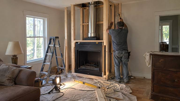 A new wood-burning fireplace box sits in fresh 2x4 framing with its metal chimney pipe rising to the ceiling.
