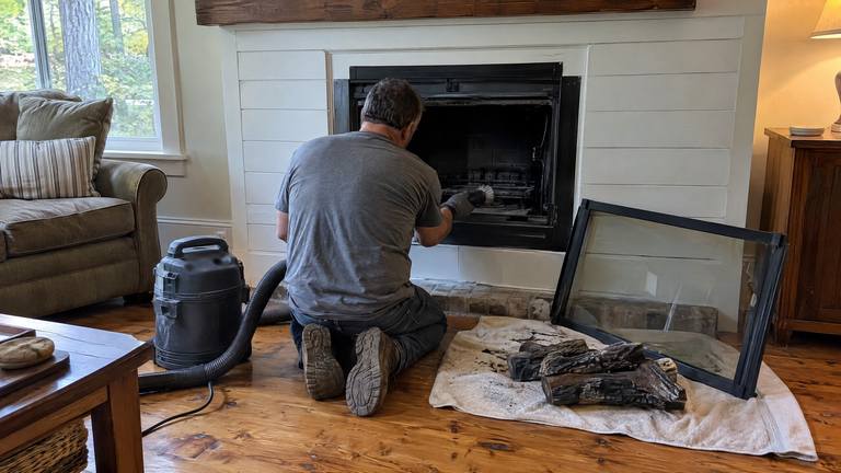 A worker kneels at a gas fireplace with the glass front off, cleaning inside the firebox.