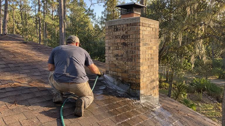 A worker on a shingle roof runs water from a garden hose over the base of a tan brick chimney to find a leak.
