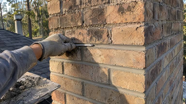 A gloved hand runs a jointer along fresh mortar joints on a tan brick chimney.