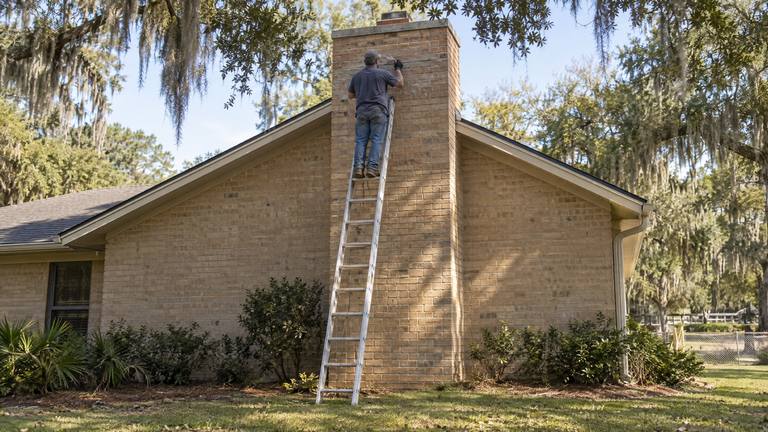 A worker on a tall ladder repairs the upper part of a tan brick chimney on the end wall of a ranch home under oak branches.