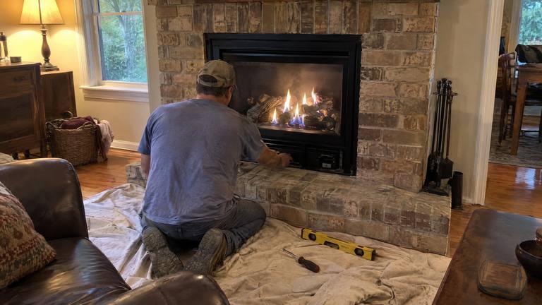 A worker kneels at a newly installed gas fireplace as its first flames come up behind the glass.