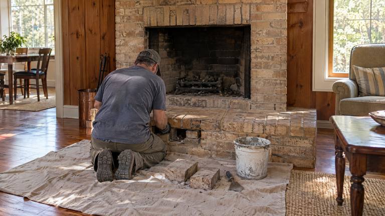 A worker kneels at a tan brick raised hearth, with two loose hearth bricks lifted out onto a drop cloth beside a bucket and trowel.