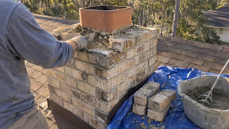 The top courses of a tan brick chimney with several loose bricks lifted off and stacked on a tarp beside it.