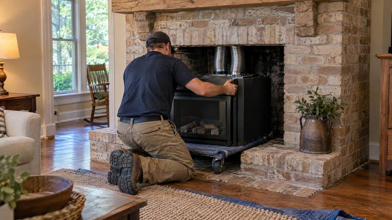 A worker guides a gas fireplace insert into a tan brick fireplace, with flex vent pipes rising into the flue.