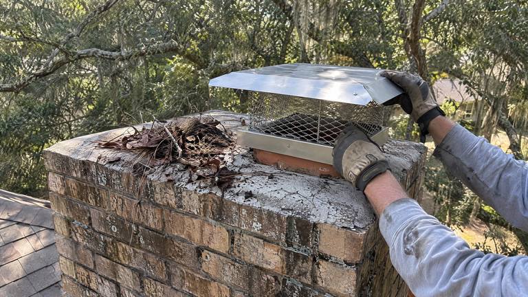 Gloved hands fit a new stainless mesh cap over an open clay flue after an animal was cleared out.