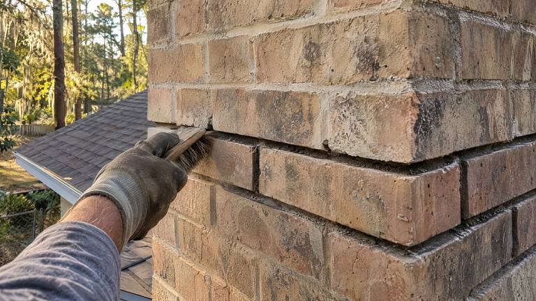 A gloved hand brushes dust from raked-out mortar joints on the corner of a tan brick chimney.