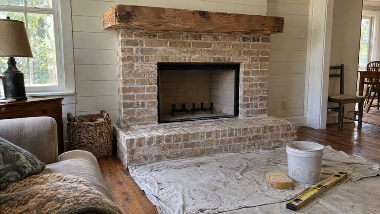 A newly finished tan brick fireplace with a rough pine beam mantel, the drop cloth still on the floor.