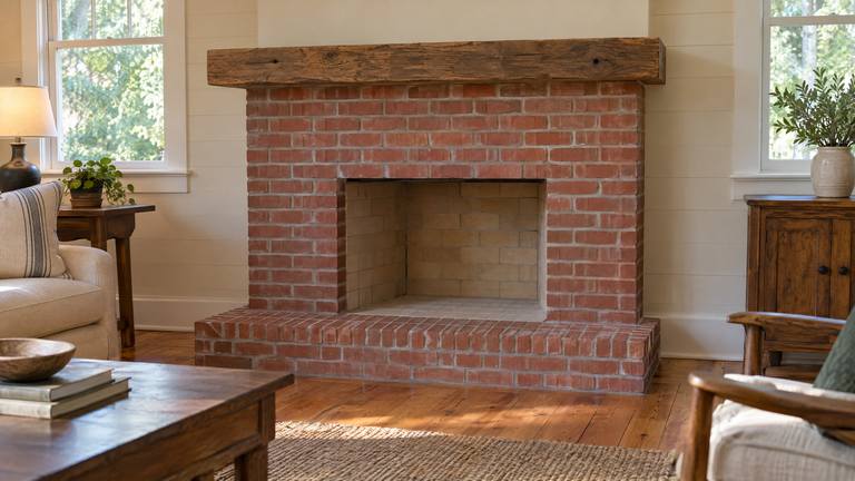 A newly built red brick fireplace with a raised hearth and a wood beam mantel in a farmhouse living room.