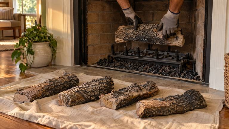 Gloved hands place a ceramic log onto a gas burner grate, the other logs laid out on a drop cloth.