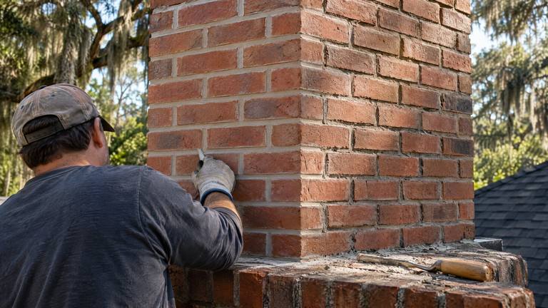 A worker repoints an orange-red brick chimney, with fresh mortar joints on one face and raked-out joints on the other.