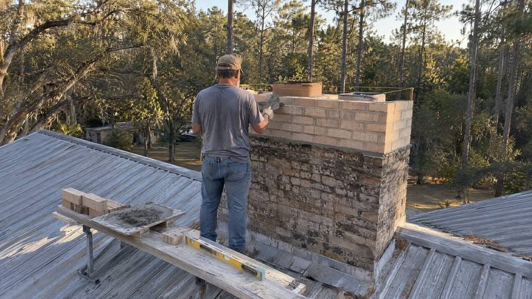 A worker lays new tan bricks on a chimney being rebuilt above a metal roof, a mortar board beside him.