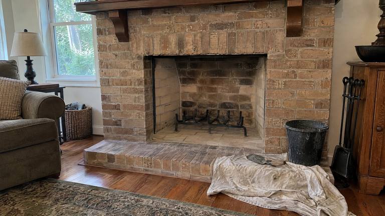 A clean tan brick fireplace with a grate set back in and a drop cloth and trowel on the hearth after a repair.