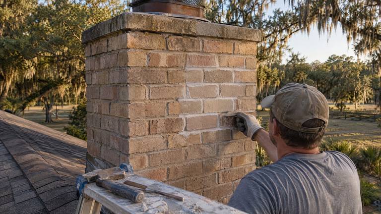 A worker smooths fresh mortar joints on the side of a tan brick chimney, with a brick hammer and a jointer on the ladder shelf.