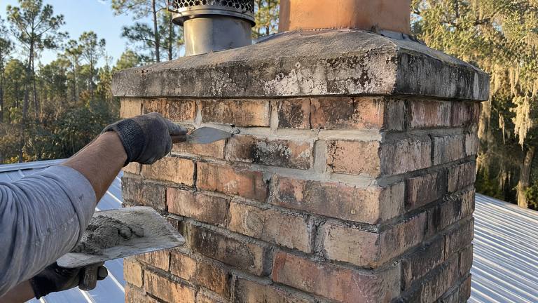 A gloved hand presses fresh mortar into open joints near the top of a tan brick chimney.