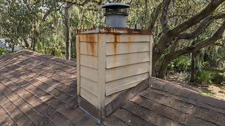 Rust streaks run down the tan siding of a chimney chase below an old corroded chase cover.