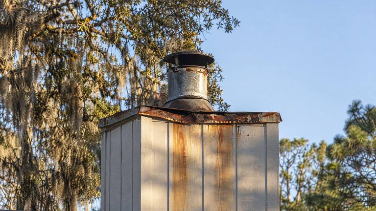 A rusted galvanized chase cover and flue pipe on top of a framed chimney chase, with rust streaks running down the siding.