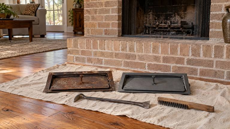 A rusted old damper and a new replacement damper on a drop cloth in front of a tan brick fireplace, with a pry bar and a wire brush.