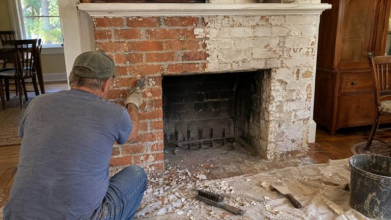 Gloved hands scrape old white paint off the brick face of an older fireplace, half the brick already bare.