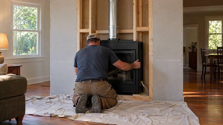 A worker sets a new direct-vent gas fireplace unit into a freshly framed wall opening.