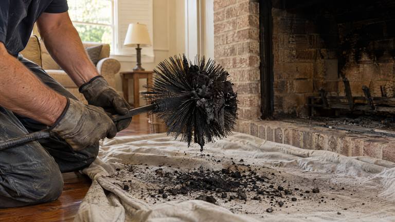 Gloved hands hold a soot-covered chimney brush over a drop cloth with dark flakes in front of a tan brick fireplace.
