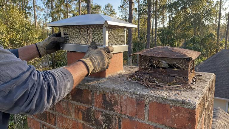 Gloved hands lower a new stainless steel cap onto the clay flue of an orange-red brick chimney.