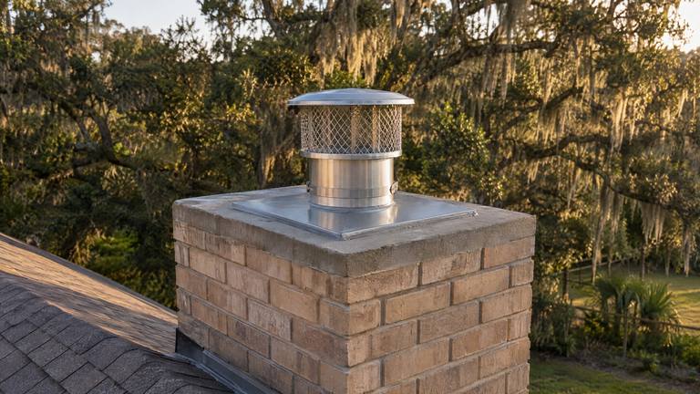 The top of a new stainless steel liner with its top plate and rain cap on a tan brick chimney.
