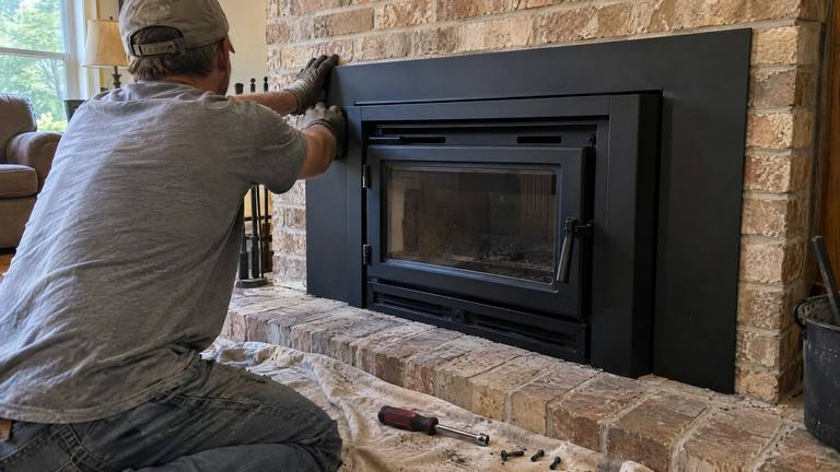 Gloved hands fit a black surround panel around a newly installed wood insert in a tan brick fireplace.