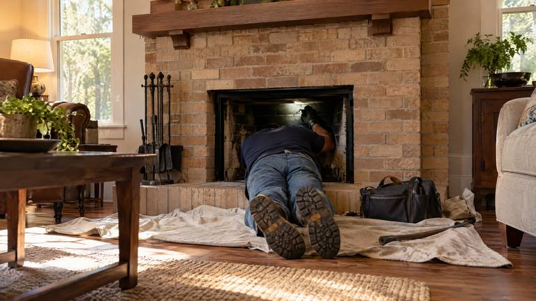 A technician lies on a drop cloth with his head and one gloved arm inside a tan brick fireplace, lighting up the firebox.
