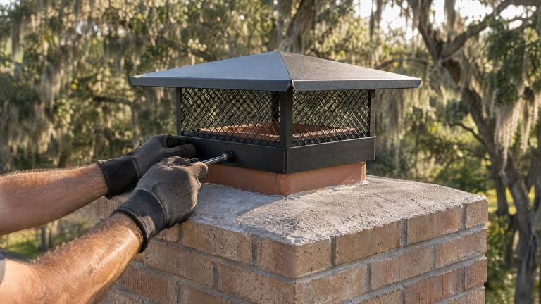 Gloved hands tighten the base band of a new black mesh chimney cap over a square clay flue on a tan brick chimney.