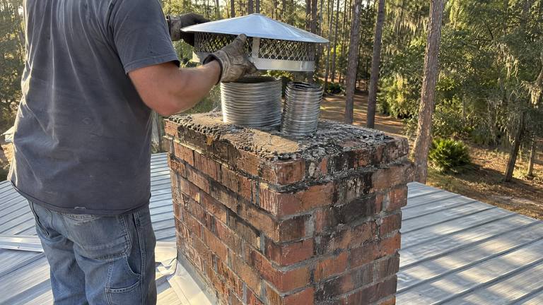Two flexible aluminum vent liners stick up from an orange-red brick chimney while a worker holds a cap above them.